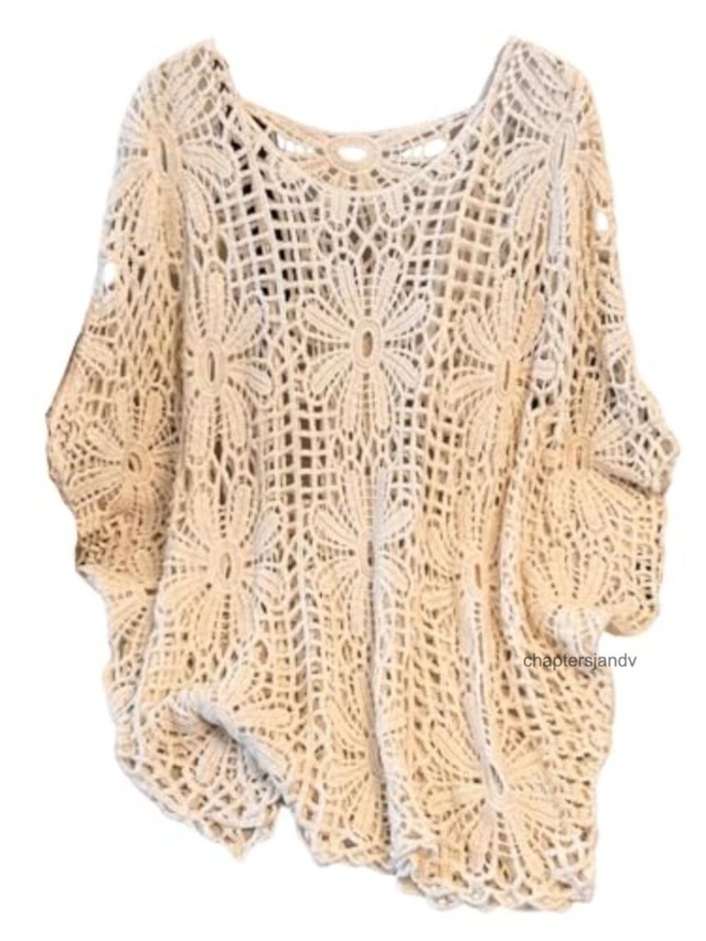 Plus Size Crochet Lace 3/4 Sleeve Boho Beach Cover Up